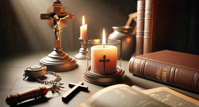 Ilustración de una vela encendida rodeada de símbolos religiosos como una cruz y una Biblia