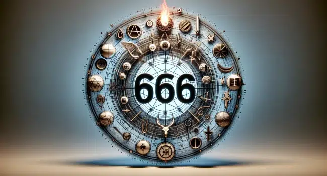 Ilustración del número 666 rodeado de simbología bíblica