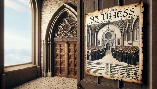 Afiche con las 95 tesis de Martín Lutero clavadas en la puerta de una iglesia histórica.