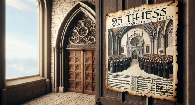 Afiche con las 95 tesis de Martín Lutero clavadas en la puerta de una iglesia histórica.