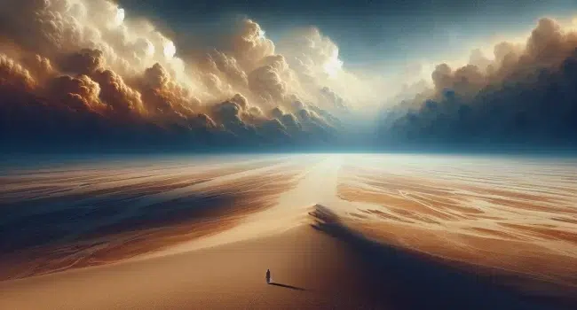 Imagen de un paisaje desértico con una figura solitaria caminando hacia el horizonte