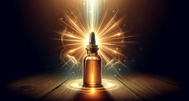 Imagen de una botella de aceite con un rayo de luz brillante sobre ella