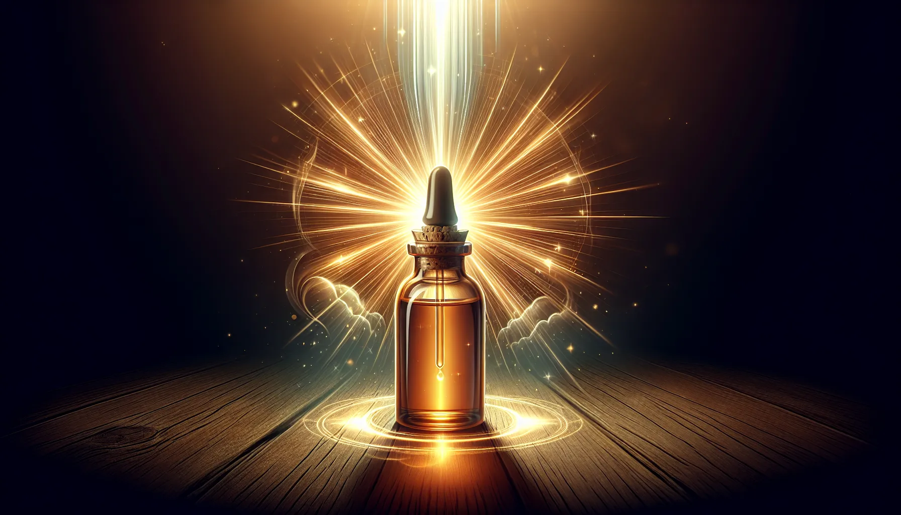 Imagen de una botella de aceite con un rayo de luz brillante sobre ella