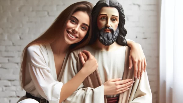 Imagen de una mujer sonriente abrazando a Jesús