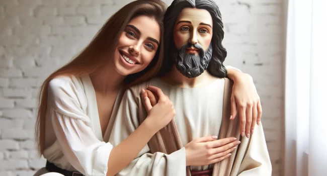 Imagen de una mujer sonriente abrazando a Jesús