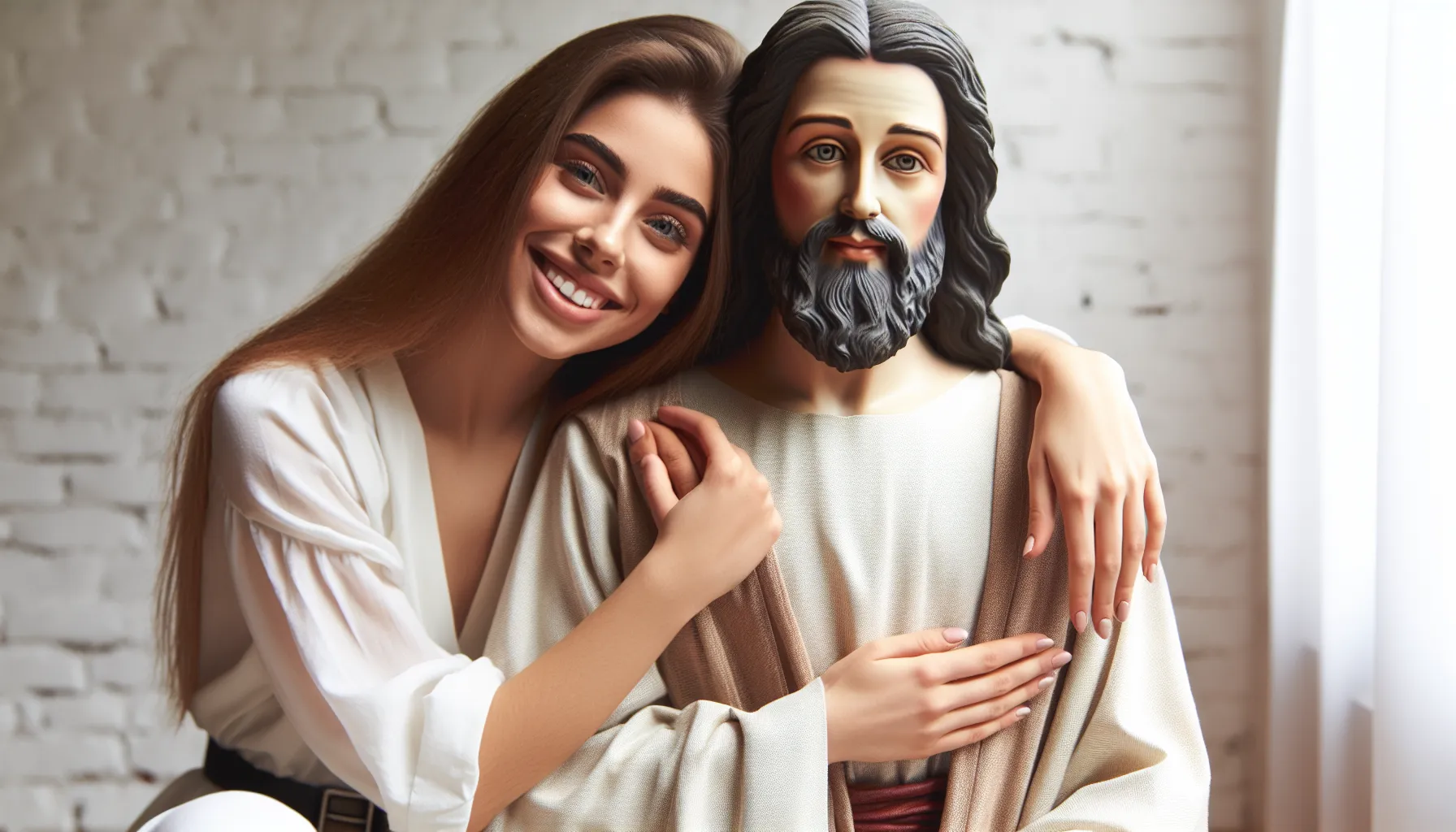 Imagen de una mujer sonriente abrazando a Jesús