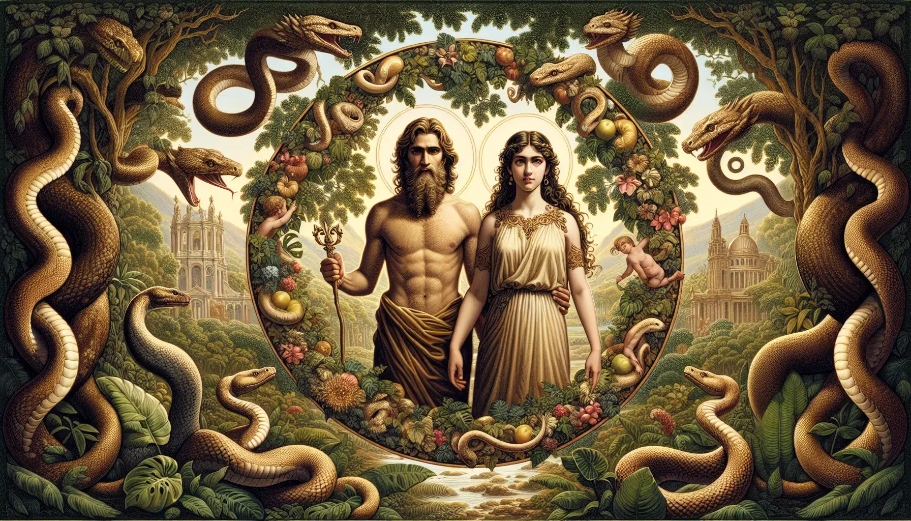 Representación artística de Adán y Eva en el paraíso terrenal, rodeados de naturaleza exuberante y serpientes en círculo