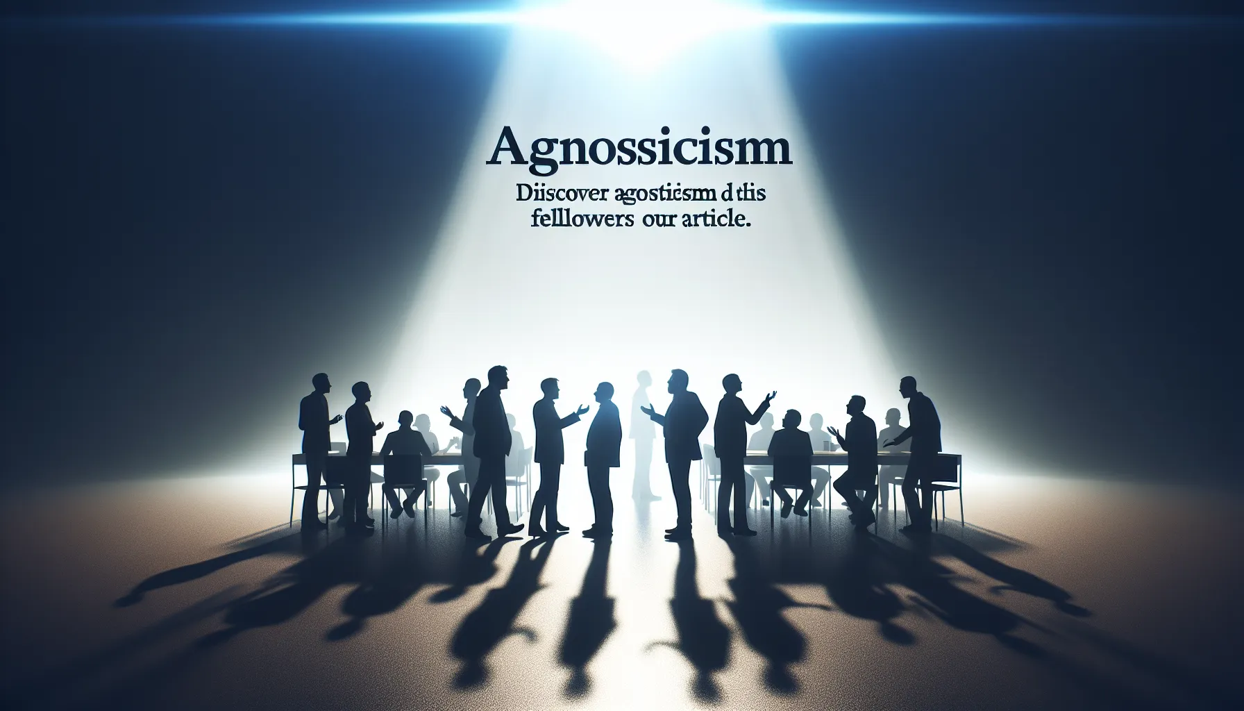 'Figuras en silueta debatiendo bajo una luz brillante. Texto: Descubre el agnosticismo y sus seguidores en nuestro artículo.'