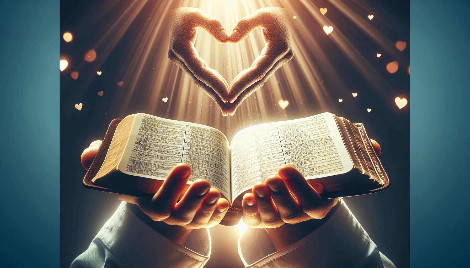 Manos abiertas sosteniendo una Biblia abierta con un corazón agradecido en el fondo.