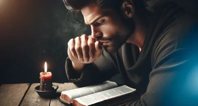 Imagen de un hombre reflexionando con una Biblia abierta y una vela encendida