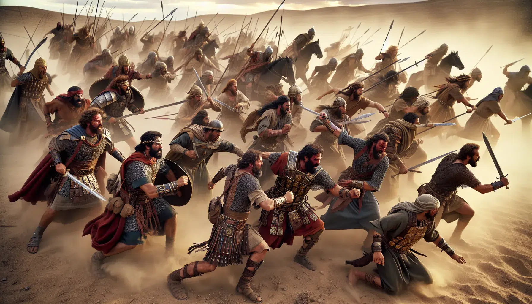 Representación artística de un grupo de guerreros bíblicos enfrentando a los amalecitas en una batalla histórica.