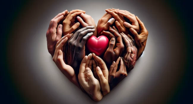Imagen de un corazón rodeado de manos en oración