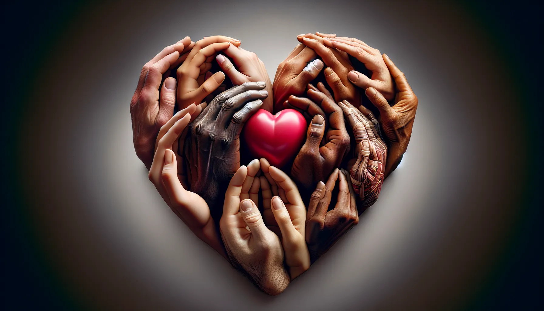 Imagen de un corazón rodeado de manos en oración