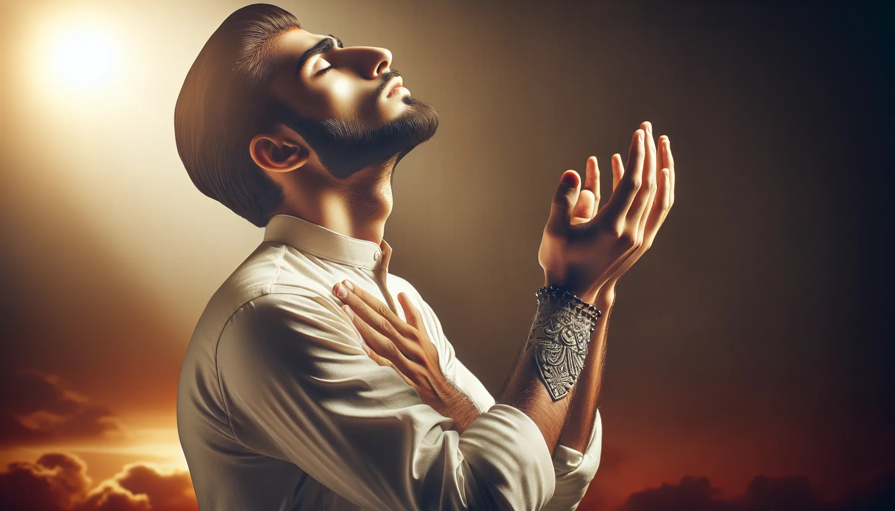 Imagen de una persona en oración con las manos elevadas al cielo