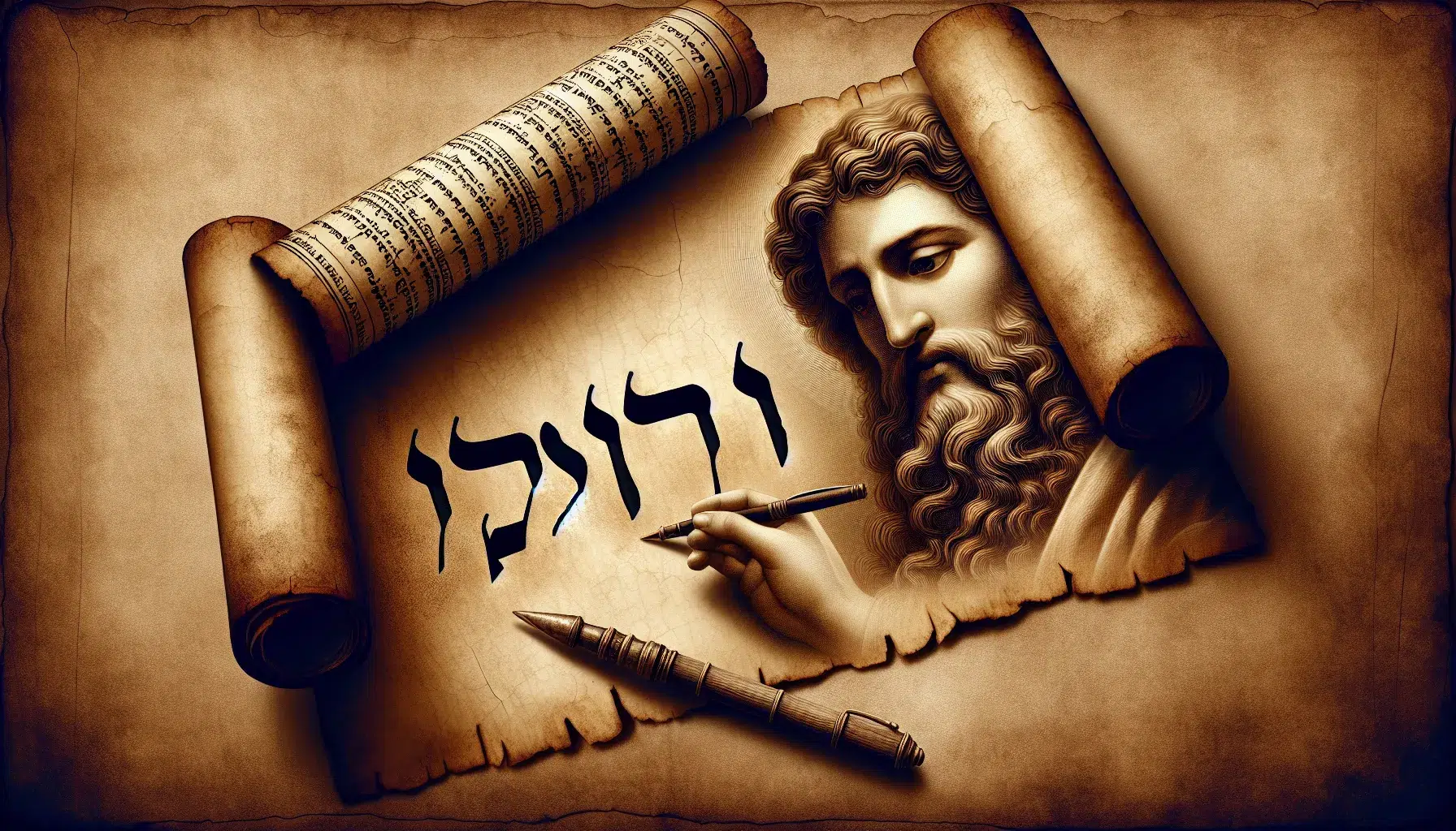 Imagen de un pergamino antiguo con el nombre de Amós escrito en hebreo y una ilustración de un profeta bíblico.