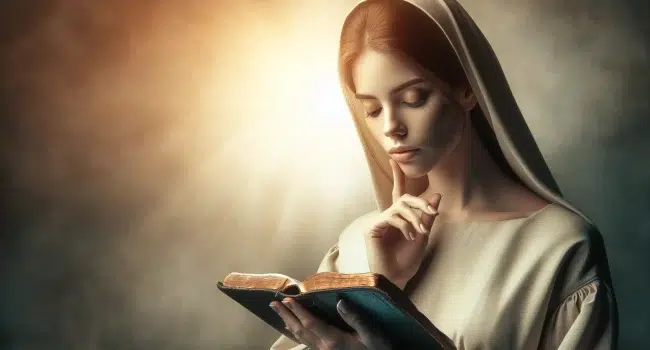 Imagen de una mujer contemplativa leyendo la Biblia