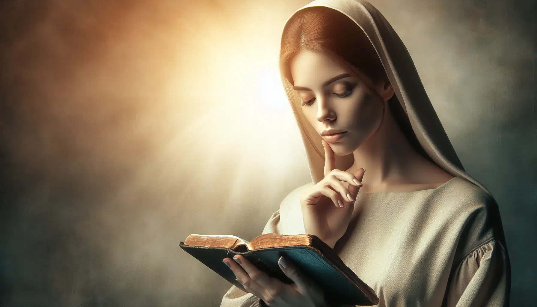 Imagen de una mujer contemplativa leyendo la Biblia