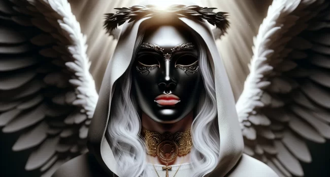 Representación visual de un ángel con una máscara oscura