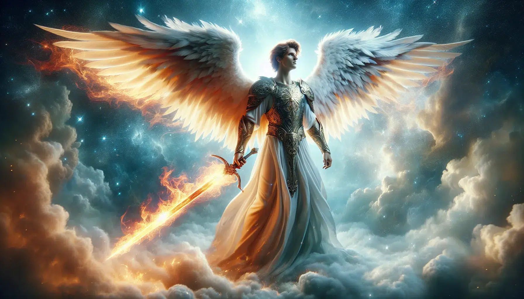 Representación artística de un ángel con una espada flameante