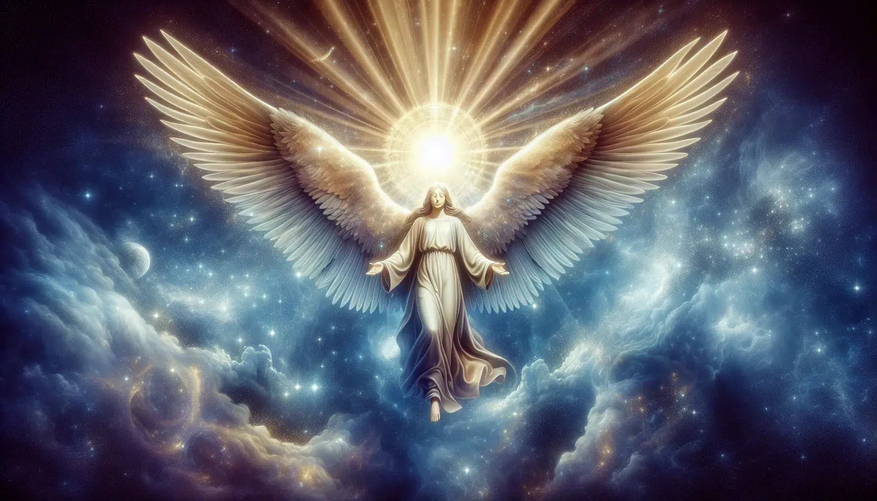 Representación de un ángel celestial con alas extendidas, símbolo de la Angelología y su conexión con lo divino.