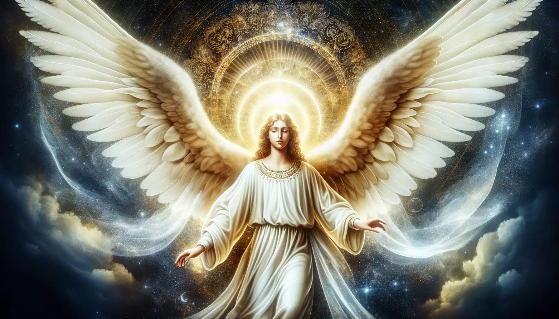 Imagen de un ángel celestial con alas blancas, simbolizando la esencia espiritual y divina de la Angelología.
