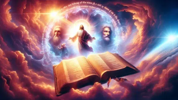 Imagen de un versículo de la Biblia que menciona el nombre de Jesús rodeado de luz divina.