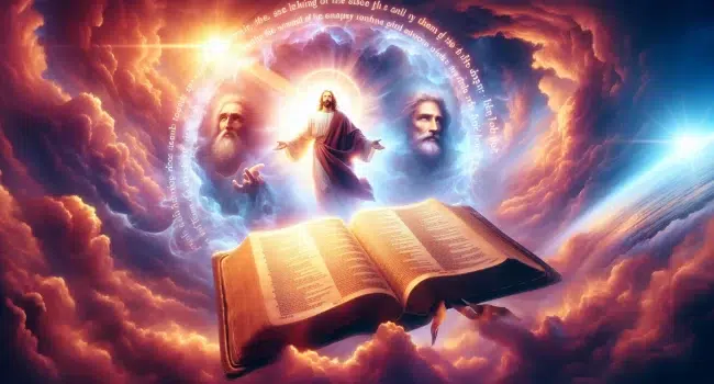 Imagen de un versículo de la Biblia que menciona el nombre de Jesús rodeado de luz divina.