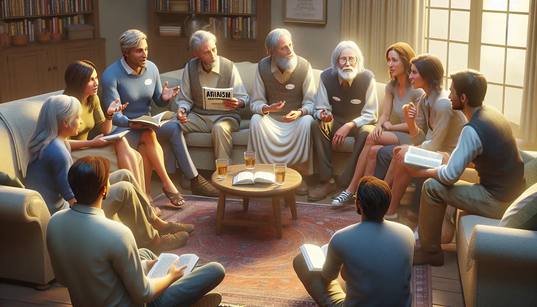 Imagen ilustrativa de un grupo de personas discutiendo sobre el arrianismo y su significado para sus creencias religiosas.