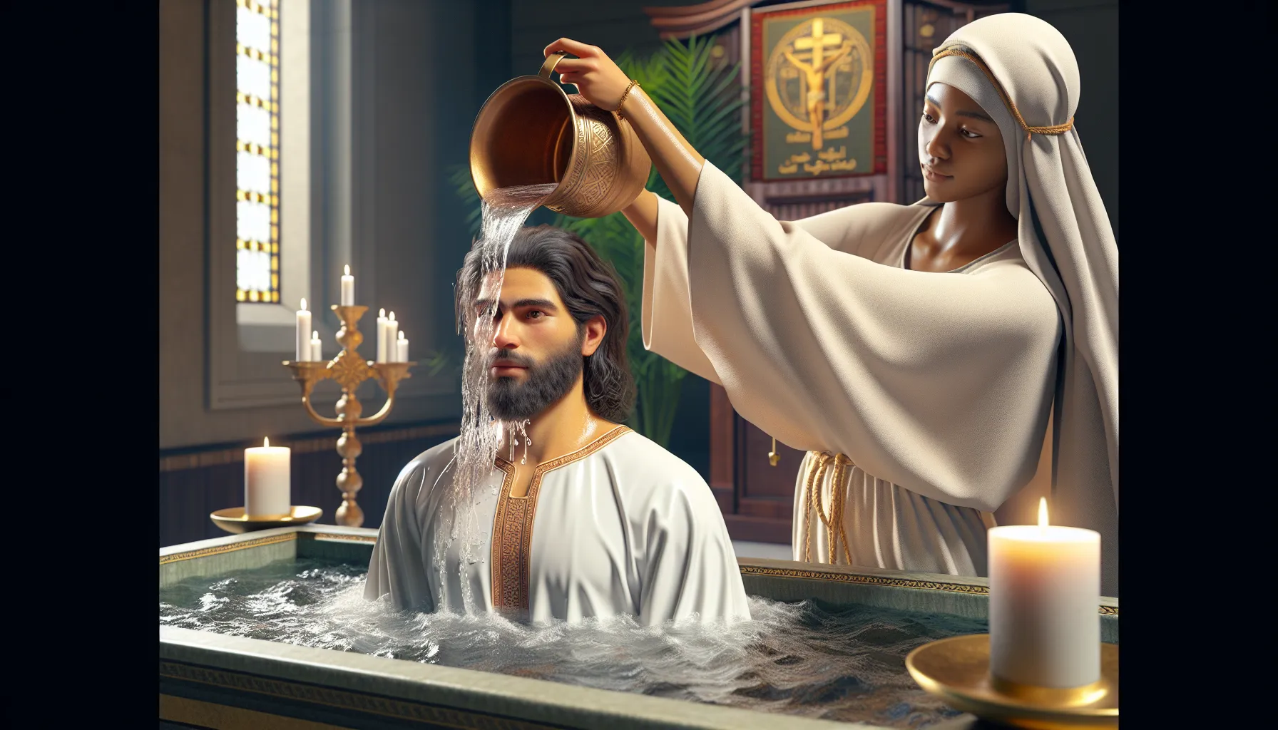 Aguas bautismales siendo derramadas sobre una persona durante el rito religioso