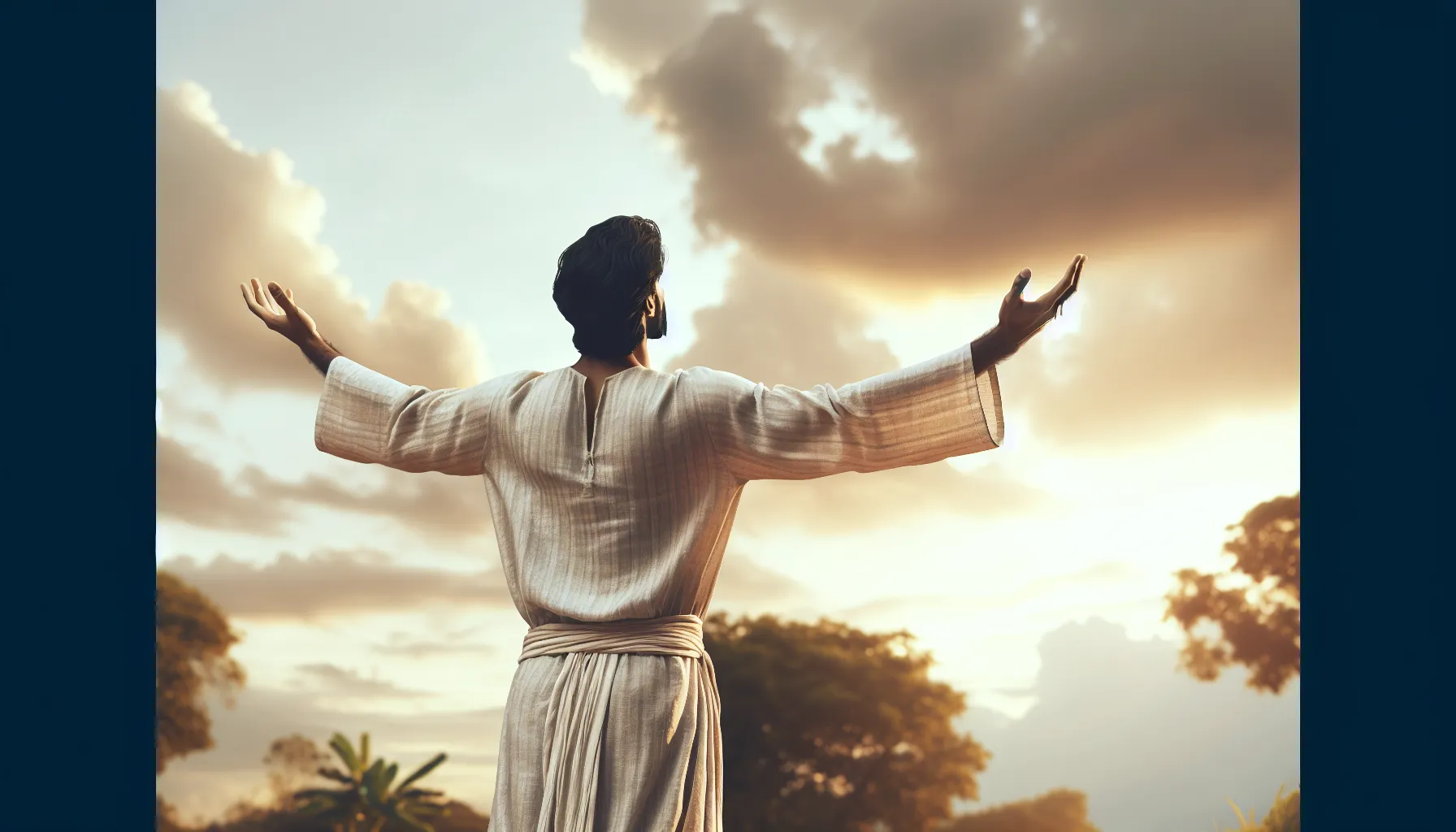 'Imagen de una persona con los brazos abiertos mirando hacia el cielo, representando entrega y conexión espiritual con Dios'.