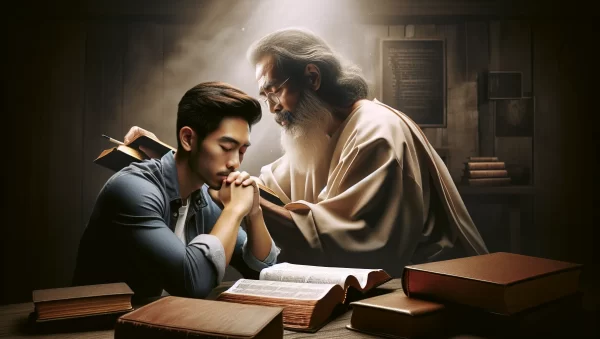 Imagen de un hombre leyendo la Biblia con atención y reflexión