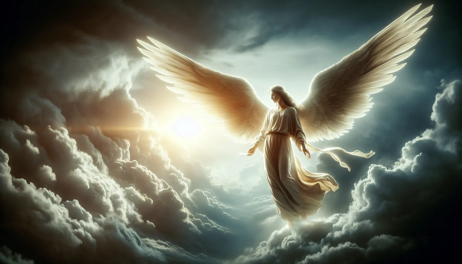 Imagen de angelical presencia en el cielo, acorde al tema de las enseñanzas bíblicas sobre ángeles en el cristianismo.