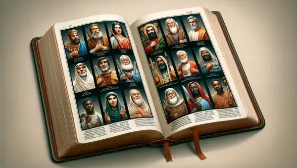 Ilustración de una biblia abierta con imágenes de diferentes figuras religiosas