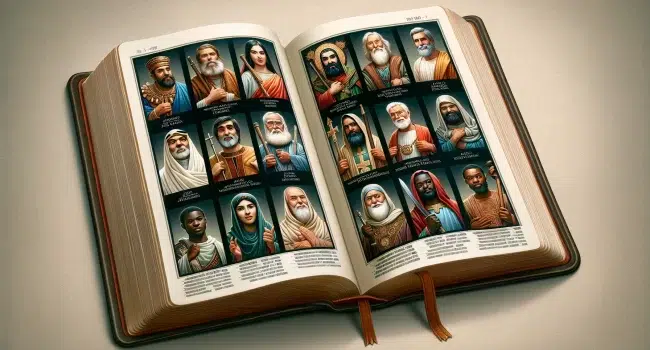 Ilustración de una biblia abierta con imágenes de diferentes figuras religiosas