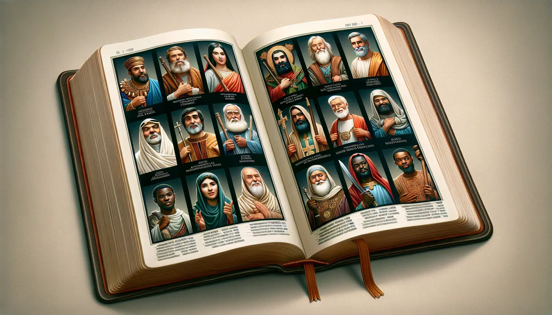 Ilustración de una biblia abierta con imágenes de diferentes figuras religiosas
