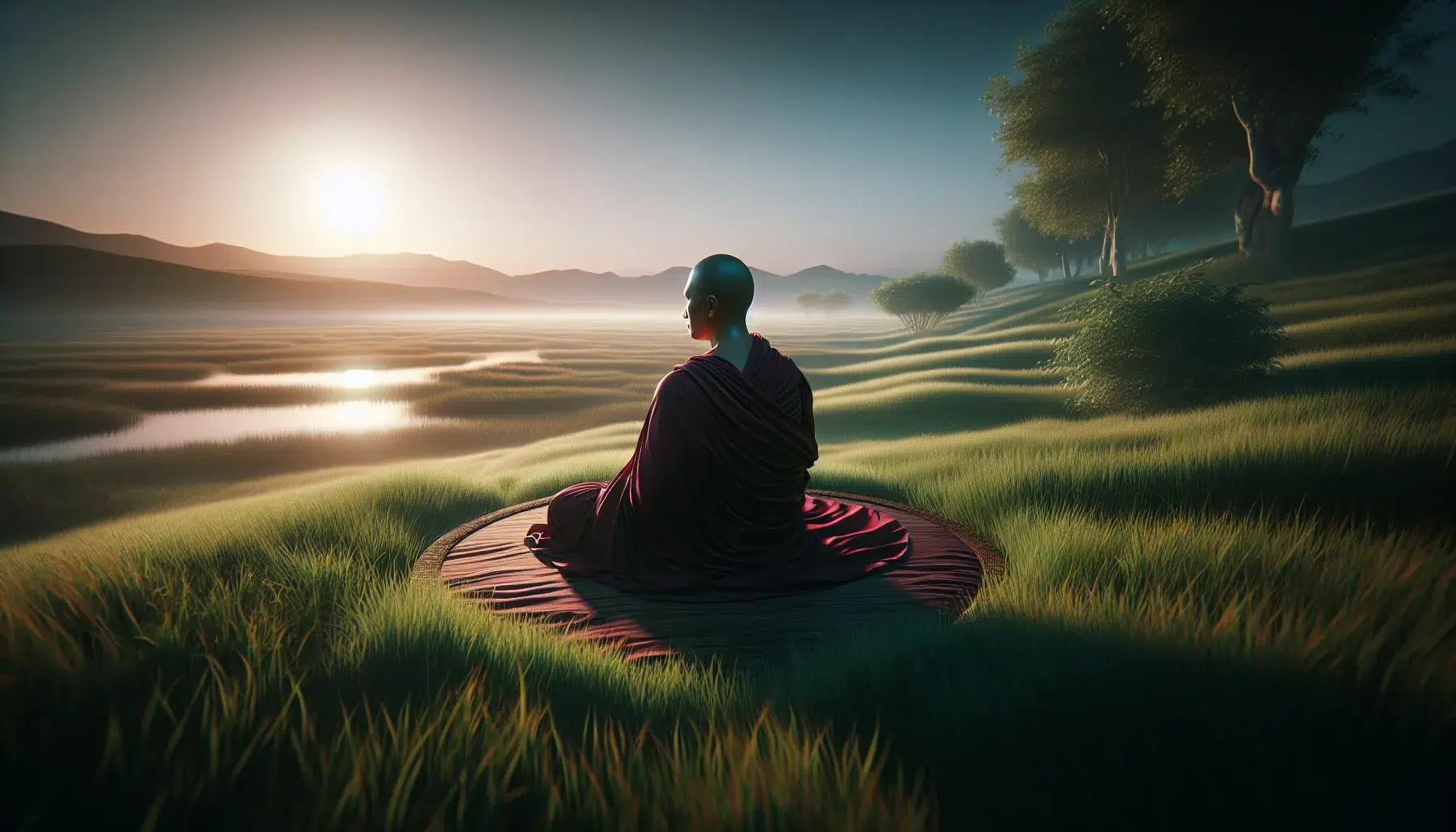 'Ilustración representativa de un monje budista meditando en un paisaje tranquilo y sereno'.