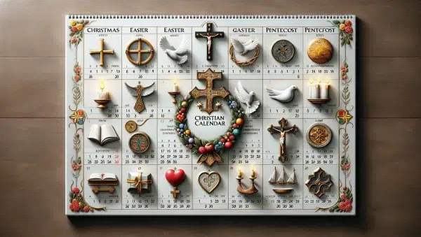 Imagen de un calendario cristiano decorado con símbolos religiosos y fechas importantes para la tradición cristiana