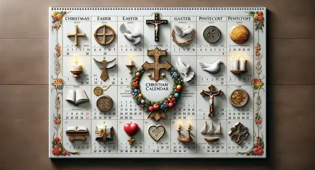 Imagen de un calendario cristiano decorado con símbolos religiosos y fechas importantes para la tradición cristiana