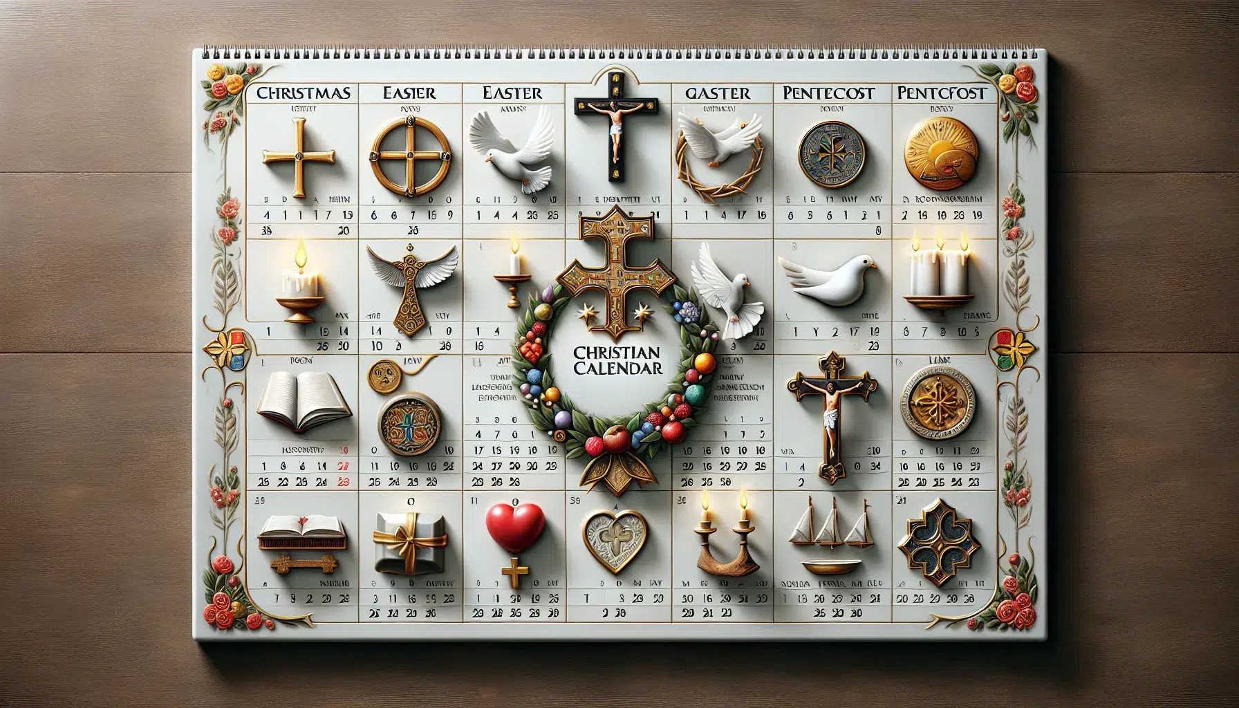 Imagen de un calendario cristiano decorado con símbolos religiosos y fechas importantes para la tradición cristiana