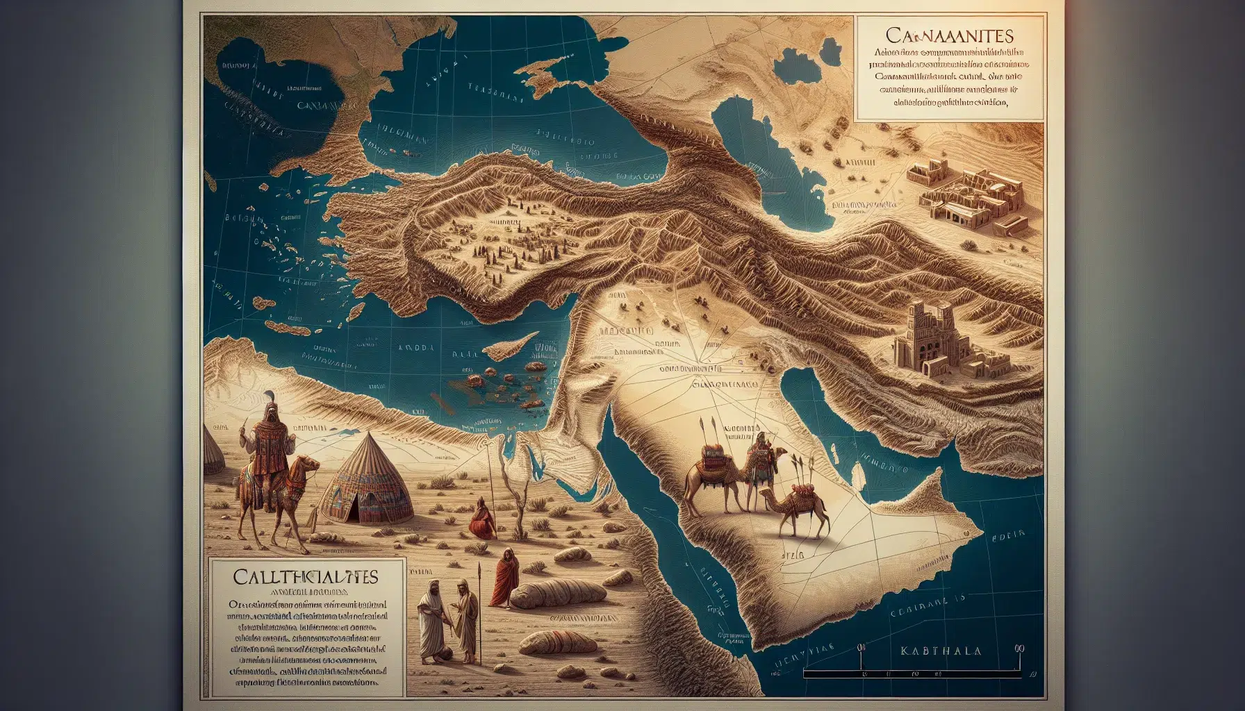 Mapa de la ubicación de los cananeos en el antiguo Cercano Oriente, junto con una descripción de sus características distintivas.