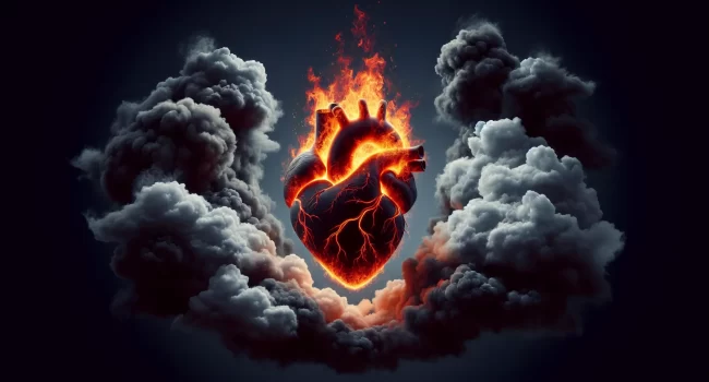 Imagen representativa de un corazón en llamas rodeado de nubes oscuras