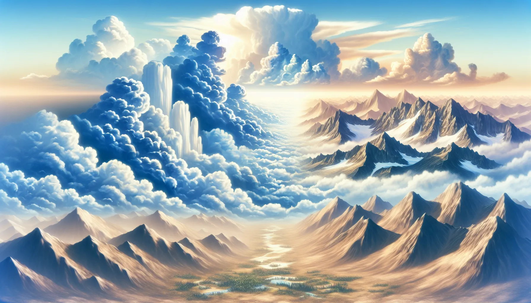 'Ilustración de un paisaje celestial con nubes y montañas que representan la fugacidad del mundo terrenal en contraste con la eternidad de lo divino'.