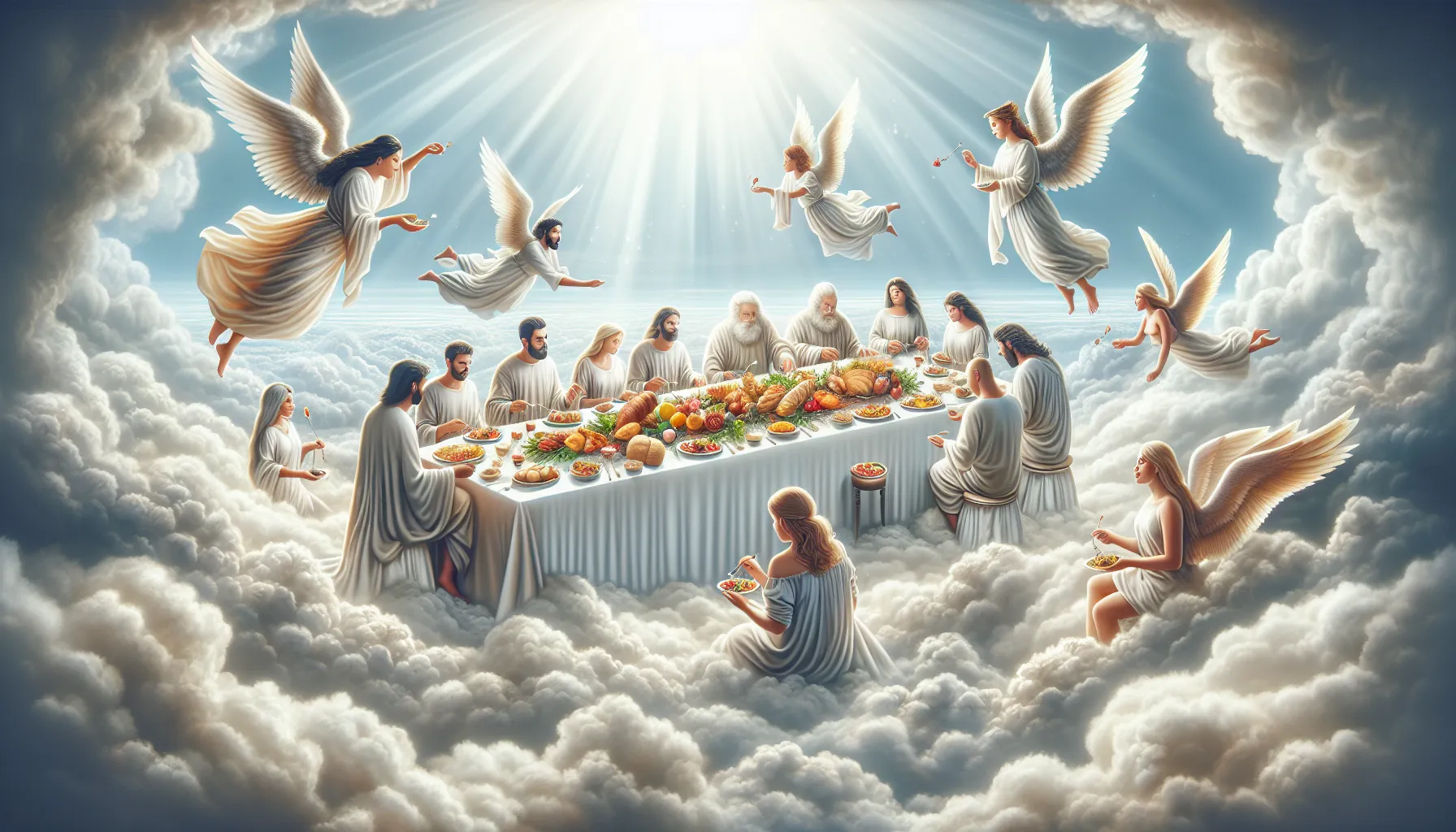 Ilustración de una mesa celestial con una variedad de alimentos divinos, rodeada de nubes y ángeles.