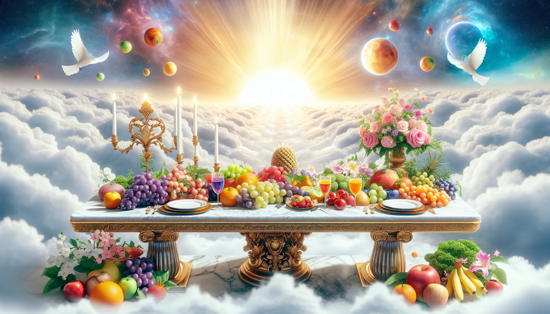 Imagen ilustrativa de una mesa celestial preparada con alimentos divinos y coloridos, simbolizando la idea de la alimentación en el cielo.