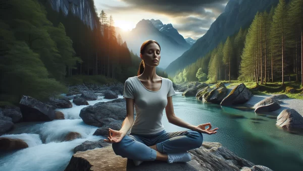 Imagen de una persona meditando en un hermoso paisaje natural