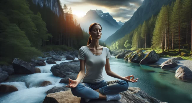 Imagen de una persona meditando en un hermoso paisaje natural