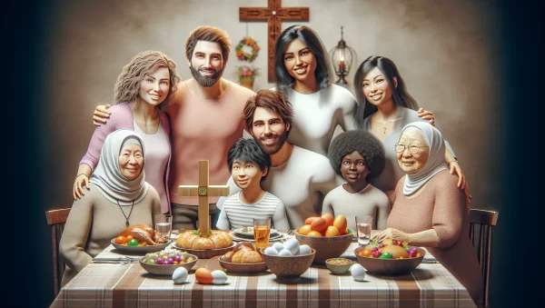 Imagen de una familia cristiana celebrando la Pascua juntos en una mesa con comida tradicional y una cruz de madera decorativa.