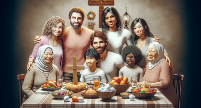 Imagen de una familia cristiana celebrando la Pascua juntos en una mesa con comida tradicional y una cruz de madera decorativa.