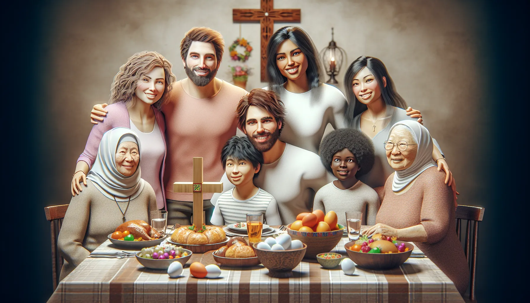 Imagen de una familia cristiana celebrando la Pascua juntos en una mesa con comida tradicional y una cruz de madera decorativa.