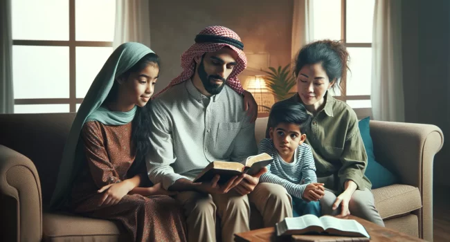 Padres e hijos leyendo la Biblia juntos y aplicando principios de crianza basados en la sabiduría bíblica.